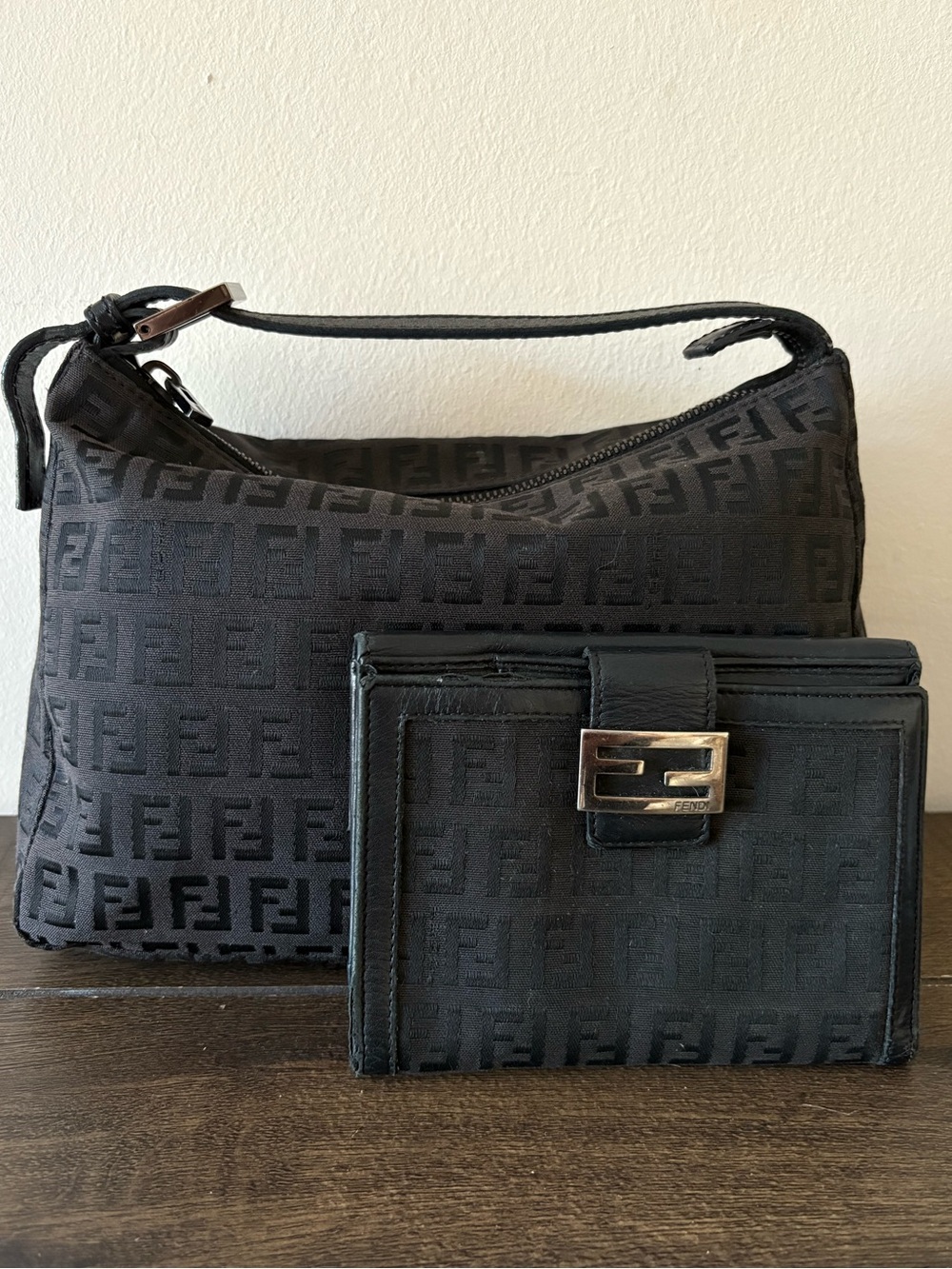 Fendi Black Zucca Canvas Clutch and Wallet Duo